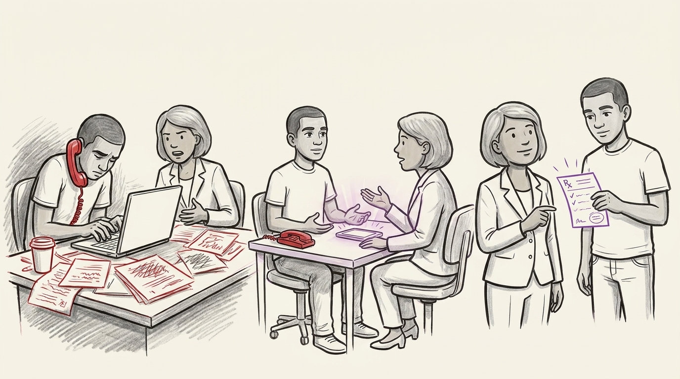 A hand drawn whiteboard board. On the left, in red, a rep hunched over a laptop while a customer talks. In the middle they face each other across a table. On the right, in purple, a short list of promises handed over.